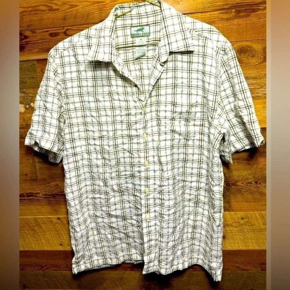 Horny Toad Short Sleeve Modal button up green white seersucker resort plaid M